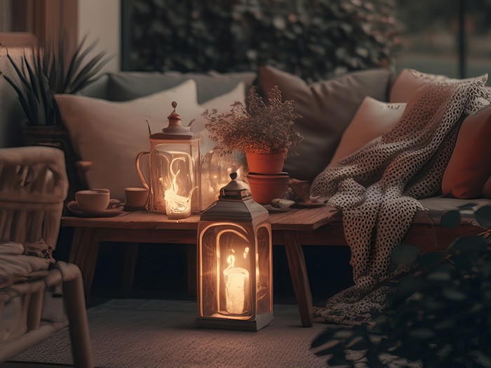 Comfy patio seating with lots of large pillows lit by a sim and cozy yellow light coming from two lanterns.